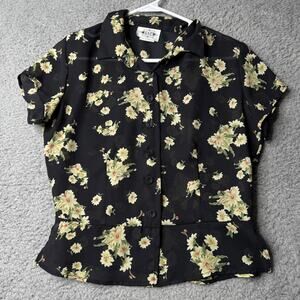 Vintage GSL Shirt Women's Medium Black and Yellow Sheer Floral Short Sleeve 90's
